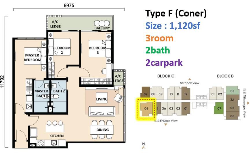 EKOTITIWANGSA 1120sf Type F corner floor plan